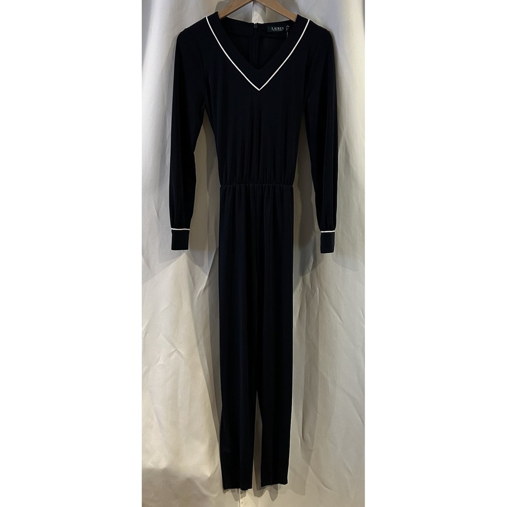 RALPH LAUREN Navy Blue Drawstring Waist Dolman Sleeves Wide Leg Jumpsuit Size PM